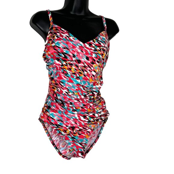 Aqua Green Womens One-Piece Swimsuit Multicolor 8 Cut-Out Back Detail Ruched Fro - Picture 2 of 6